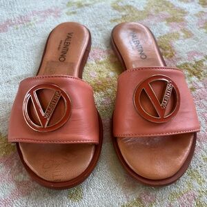Valentino Coral Leather Logo Slide Sandals